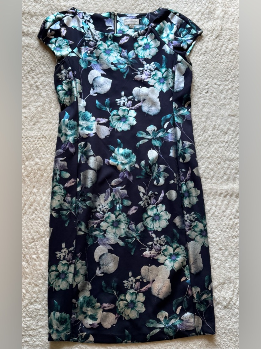 Cap-Sleeve Floral Midi Dress in Black and Teal